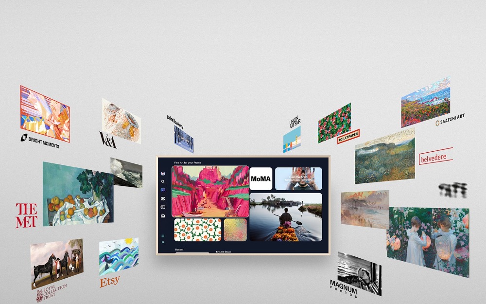 Telewizor Samsung The Frame Pro 85” 4K od frontu z obrazami dookoła